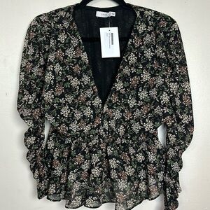 Lush Floral Deep-V Neckline Peplum Style Flowy Sheer Ruched Sleeves Top Blouse